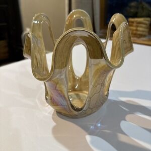 Vtg MAKORA KROSNO Hand Blown Art Glass Vase Earthtones Stone Look Iridescent